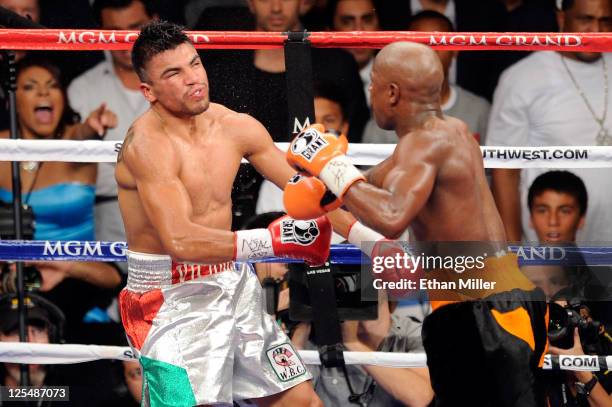 Floyd Mayweather Jr. Knocks out Victor Ortiz in the fourth round during their WBC welterweight title fight at the MGM Grand Garden Arena on September...