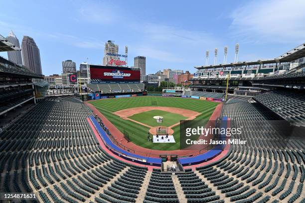General view as Cleveland Indians players practice on the field during summer workouts at Progressive Field on July 07, 2020 in Cleveland, Ohio.