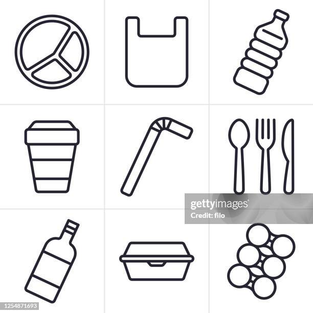 einweg-kunststoffartikel symbole und symbole für einweg - pappteller stock-grafiken, -clipart, -cartoons und -symbole