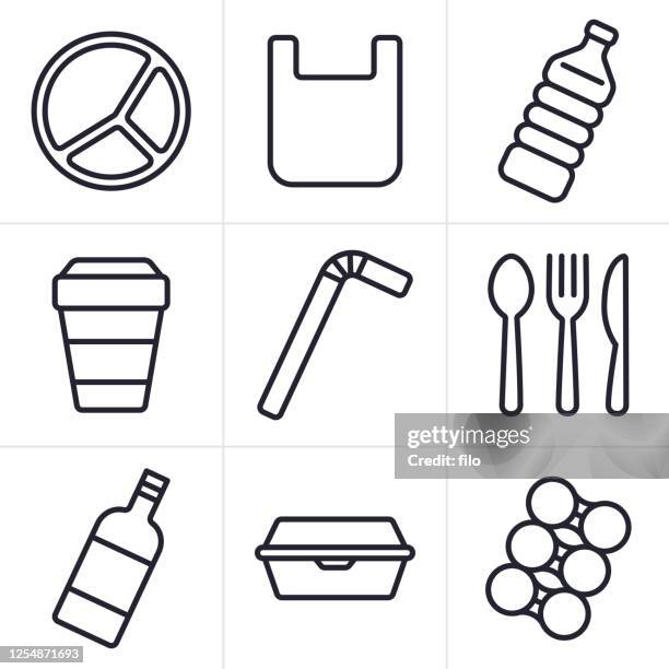 einweg-kunststoffartikel symbole und symbole für einweg - plastikmaterial stock-grafiken, -clipart, -cartoons und -symbole