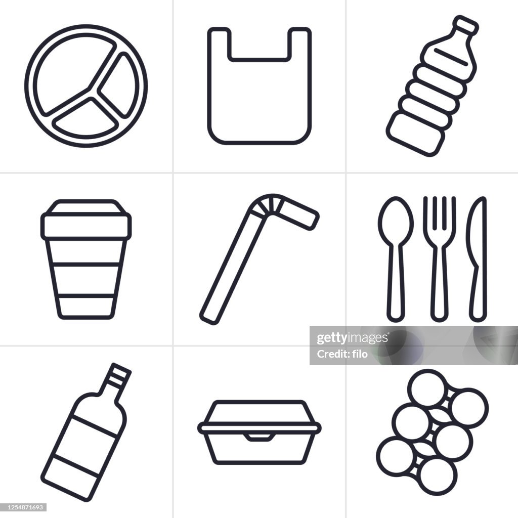 Ícones e símbolos de itens plásticos descartáveis de uso único