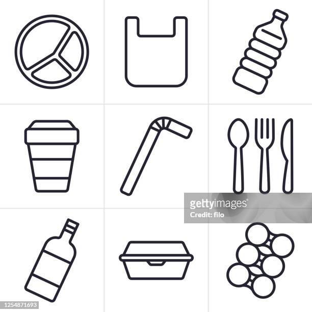 single use disposable plastic items icons and symbols - plastic stock illustrations