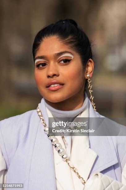 Digital influencer and model Jenna Bey wears all Chanel on March 03, 2020 in Paris, France.