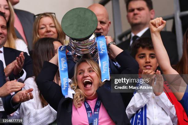 Chelsea Manager Emma Hayes celebrates with the trophy after the Vitality Women's FA Cup Final between Chelsea and Manchester United at Wembley...