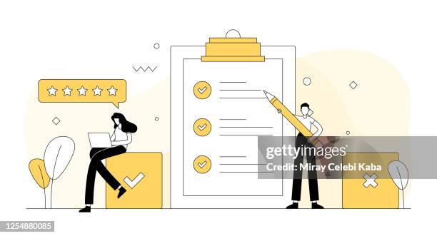 ilustraciones, imágenes clip art, dibujos animados e iconos de stock de encuesta y testimonios relacionados con la ilustración vectorial. diseño moderno plano - cuestionario