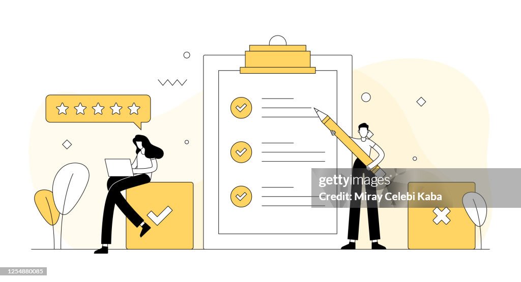 Illustrazione vettoriale correlata al sondaggio e alle testimonianze. Design moderno piatto