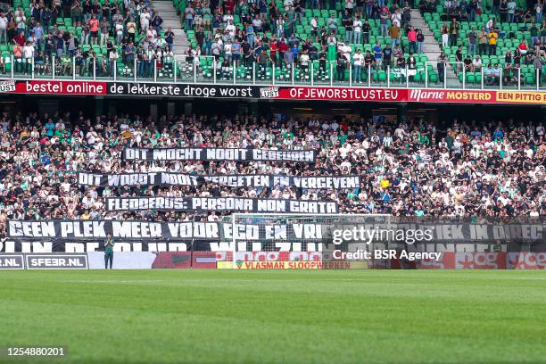 Groningen fans showing banner during the Dutch Eredivisie match between FC Groningen and Ajax at Euroborg on May 14, 2023 in Groningen, Netherlands