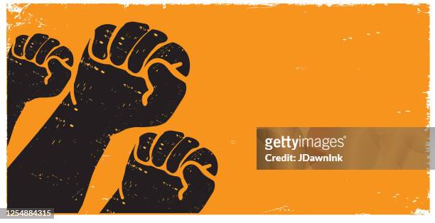 protesters or activist hands in the air with texture - political rally stock illustrations