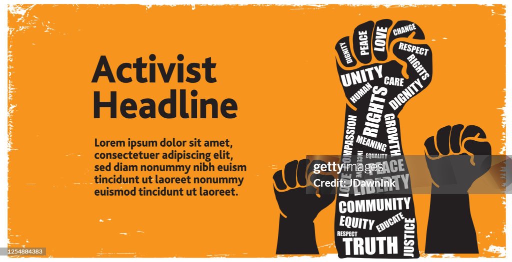 Protesters or activist hand in the air with take action words web banner template