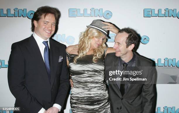 Actors Brendan Fraser, Jennifer Coolidge and Denis O' Hare attend the after party following the Broadway opening night of "Elling" on November 21,...