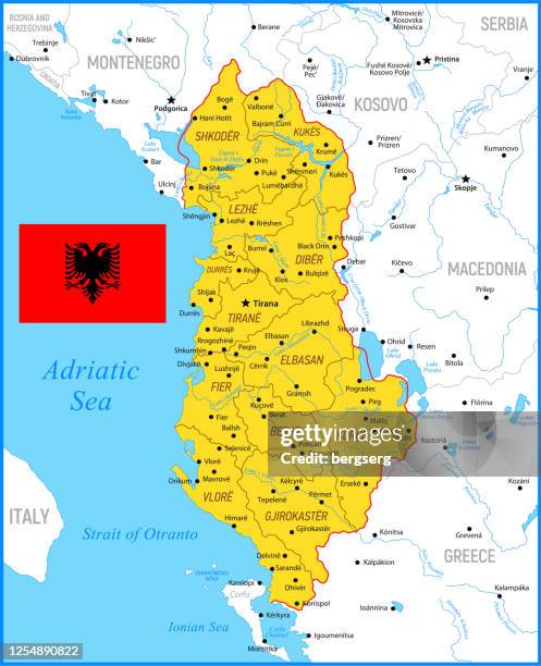 stockillustraties, clipart, cartoons en iconen met albanië vector kaart met zee, meren, rivieren, nationale vlag en geografische grenzen - greece v albania