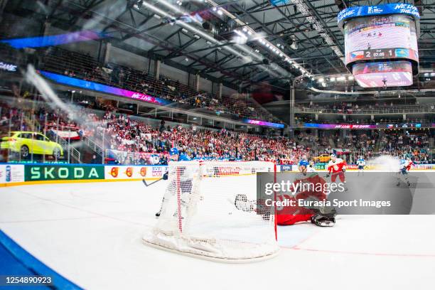 Nikita Mikhailis of Kazakhstan misses the face to face against goalkeeper Marek Langhamer of Czech Republic during the 2023 IIHF Ice Hockey World...