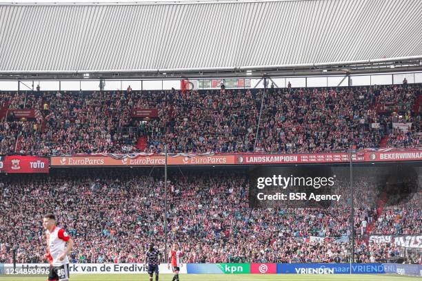 Fans of Feyenoord during the Dutch Eredivisie match between Feyenoord and Go Ahead Eagles at Feijenoord Stadion on May 14, 2023 in Rotterdam,...