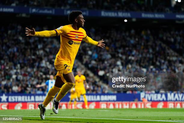 Alejandro Balde left-back of Barcelona and Spain celebrates after scoring his sides first goal during the LaLiga Santander match between RCD Espanyol...