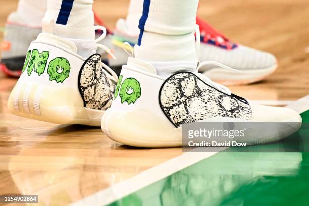 The sneakers worn by James Harden of the Philadelphia 76ers during round two game seven of the 2023 NBA Playoffson May 14, 2023 at the TD Garden in...
