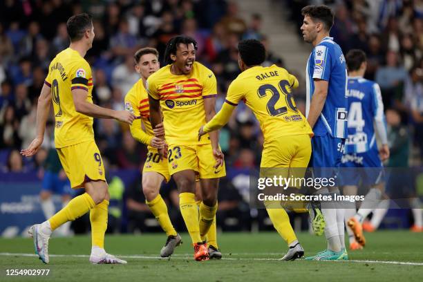 Alejandro Balde of FC Barcelona celebrates 0-4 with Jules Kounde of FC Barcelona Gavi of FC Barcelona during the La Liga Santander match between...