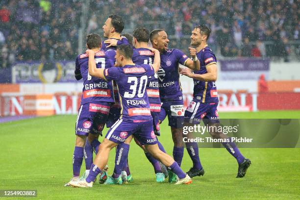 Jubilation by Andreas Gruber, by the the goal scorer Haris Tabakovic, Manfred Fischer, Marvin Martins Santos Da Graca and James Holland of Austria...