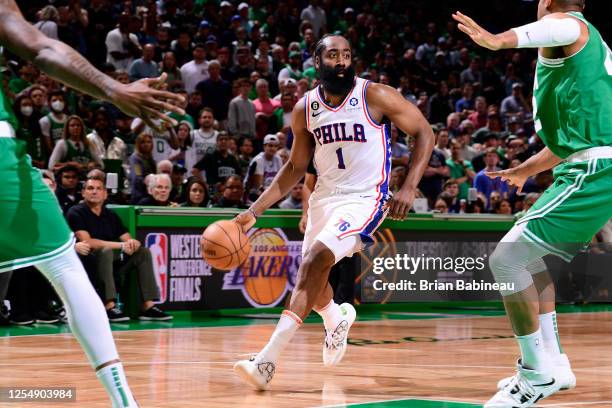 James Harden of the Philadelphia 76ers drives to the basket during the game against the Boston Celtics during the Eastern Conference Semi-Finals of...