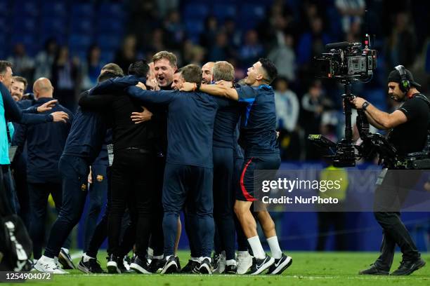 Xavi Hernandez head coach of Barcelona celebrates victory after the LaLiga Santander match between RCD Espanyol and FC Barcelona at RCDE Stadium on...