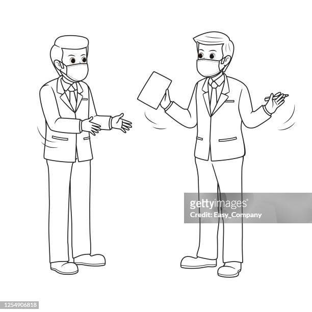 black and white drawings for coloring two business people standing and talking both wear masks to prevent viruses or germs from spreading in the air. - 30 39 years stock illustrations