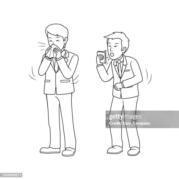 ilustrações de stock, clip art, desenhos animados e ícones de black and white drawings for colouring two business people are standing sneezing due to being sick. - espirrar