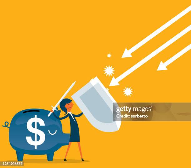 stockillustraties, clipart, cartoons en iconen met verdediging van persoonlijke financiën - onderneemster - business woman schild