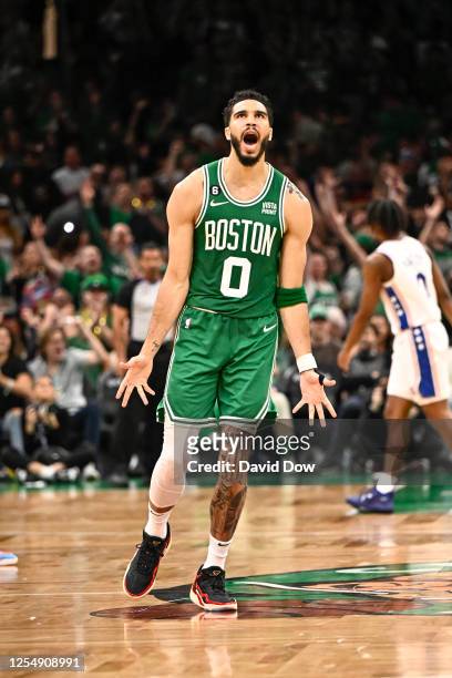 Jayson Tatum of the Boston Celtics celebrates during the game during round two game seven of the 2023 NBA Playoffson May 14, 2023 at the TD Garden in...