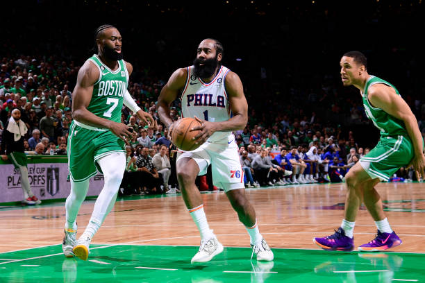 James Harden of the Philadelphia 76ers drives to the basket during the game against the Boston Celtics during the Eastern Conference Semi-Finals of...