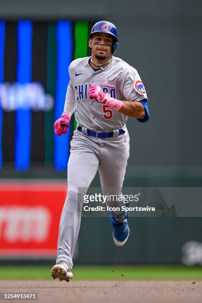 Chicago Cubs Infield Christopher Morel rounds the bases after hitting a solo home run during the fourth inning of a MLB game between the Minnesota...
