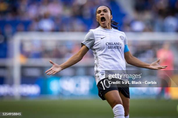 Marta of Orlando Pride reacts to a missed shot on goal in the first half of the National Women's Soccer League match against NJ/NY Gotham FC at Red...