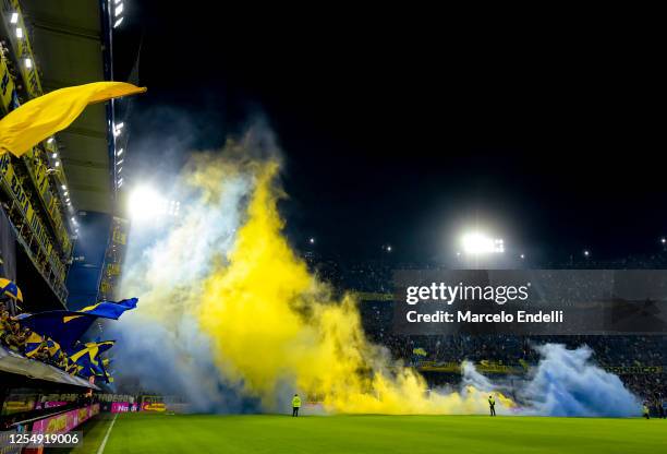 Fans of Boca Juniors cheer for their team prior to a Liga Profesional 2023 match between Boca Juniors and Belgrano at Estadio Alberto J. Armando on...