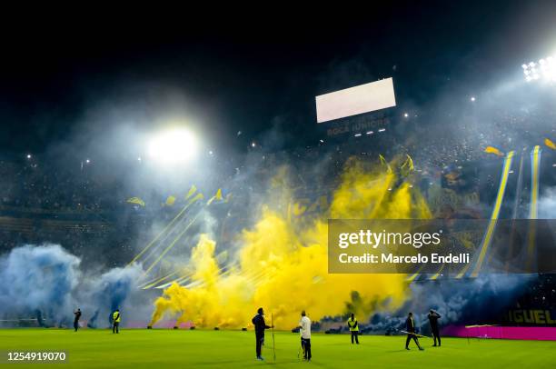 Fans of Boca Juniors cheer for their team prior to a Liga Profesional 2023 match between Boca Juniors and Belgrano at Estadio Alberto J. Armando on...