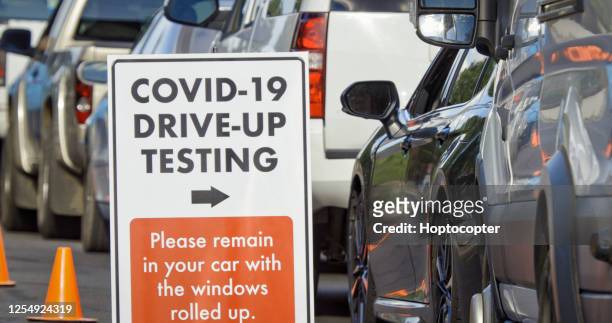 un letrero de "covid-19 drive-up testing" se encuentra en primer plano mientras los coches y otros vehículos esperan en una línea de prueba covid-19 (coronavirus) fuera de una clínica médica/hospital al aire libre (segunda ola) en segundo plano - second test fotografías e imágenes de stock