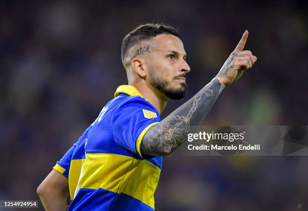 Dario Benedetto of Boca Juniors celebrates after scoring the team's second goal during a Liga Profesional 2023 match between Boca Juniors and...