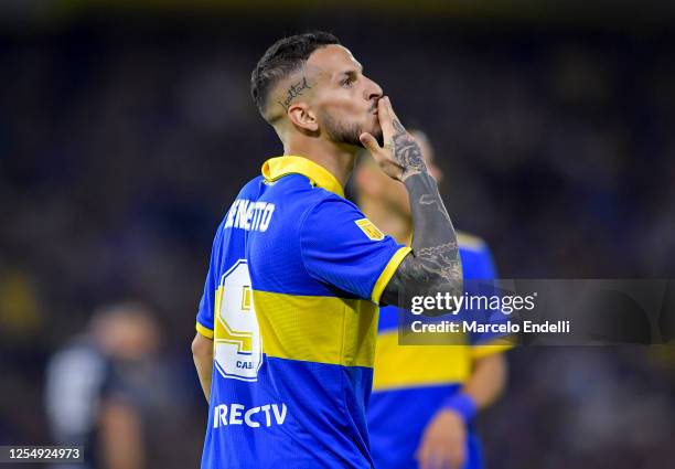 Dario Benedetto of Boca Juniors celebrates after scoring the team's second goal during a Liga Profesional 2023 match between Boca Juniors and...