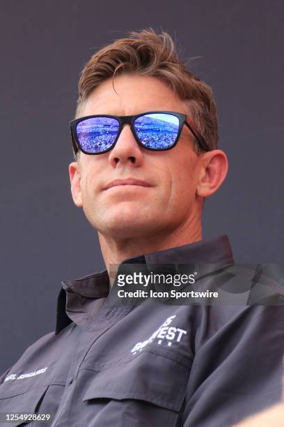 Carl Edwards being introduced while celebrating the 75 greatest drivers prior to the running of the NASCAR Cup Series Goodyear 400 on May 14, 2023 at...