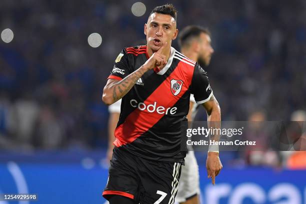 Matías Suárez of River Plate celebrates after scoring the team´s first goal during a Liga Profesional 2023 match between Talleres and River Plate at...