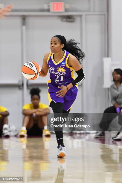 Jordin Canada of the Los Angeles Sparks dribbles the ball during the game against the Seattle Storm on May 14, 2023 at Loyola Marymount University in...