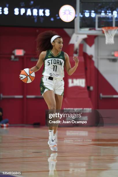Arella Guirantes of the Seattle Storm handles the ball during the game against the Los Angeles Sparks on May 14, 2023 at Loyola Marymount University...