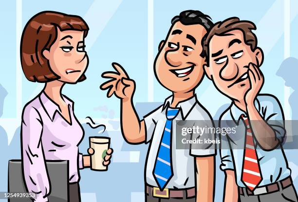 men gossiping about female coworker - sexual harassment stock illustrations