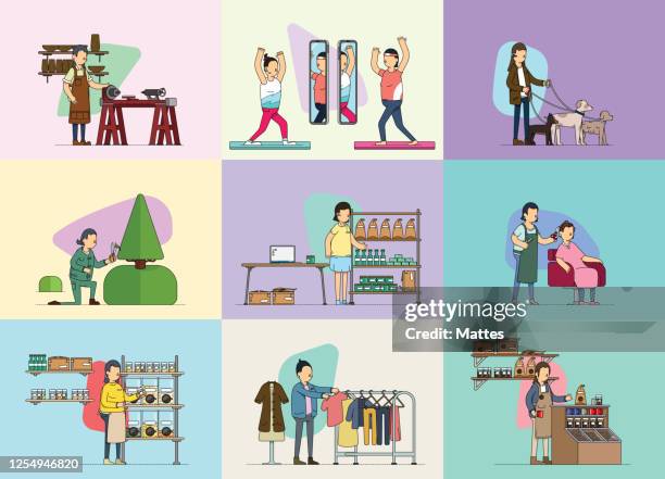 weibliche kleinunternehmer-image-sammlung von 9 szenen, die moderne arbeitslebensrichtungen darstellen. - kleinunternehmen stock-grafiken, -clipart, -cartoons und -symbole