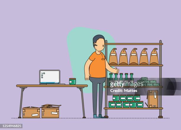 Male e-commerce owner, working from a home office and doing an inventory of goods in stock.
