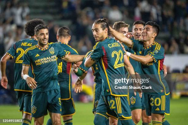 Martín Cáceres of Los Angeles Galaxy celebrates his goal during the match against San Jose Earthquakes at Dignity Health Sports Park on May 14, 2023...