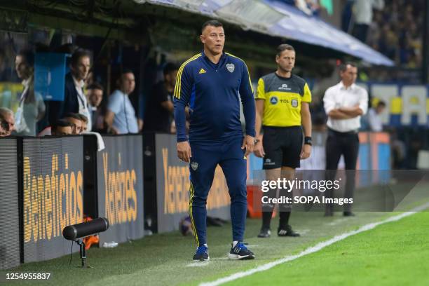 Jorge Almiron coach of Boca Juniors seen during a Liga Profesional 2023 match between Boca Juniors and Belgrano at Estadio Alberto J. Armando. Final...