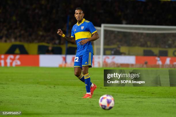 Sebastian Villa of Boca Juniors seen in action during a Liga Profesional 2023 match between Boca Juniors and Belgrano at Estadio Alberto J. Armando....