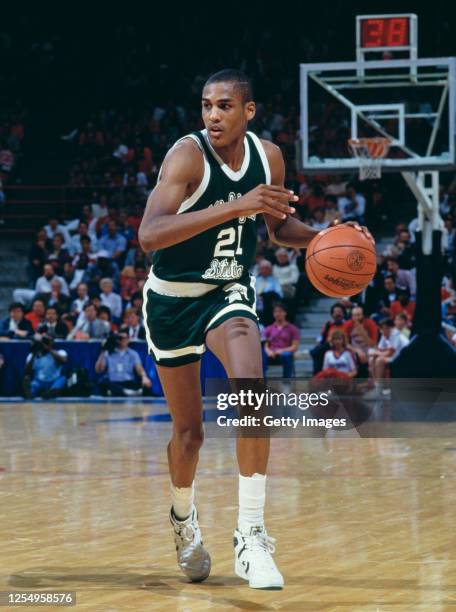 Steve Smith Guard for the Michigan State Spartans during the 1989/90 NCAA Big 10 Conference college basketball season at the Breslin Center arena at...