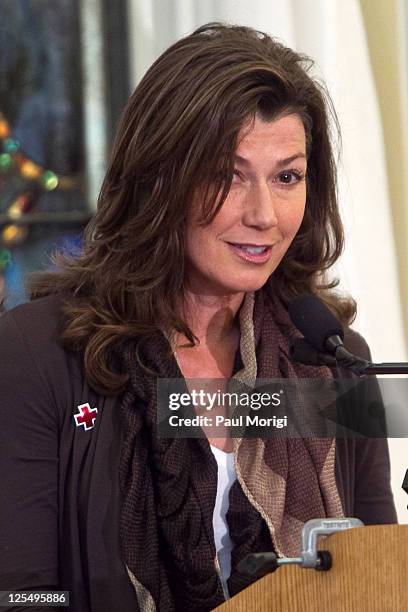 Singer/songwriter Amy Grant makes a few remarks at the 2010 Holiday Mail for Heroes program launch at the American Red Cross on November 11, 2010 in...