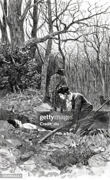 boy finds a buried statue in the forest - buried paperwork stock illustrations