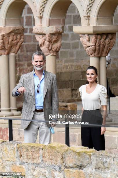 King Felipe of Spain and Queen Letizia of Spain are seen visiting San Juan de la Peña, Botaya to visit the cloister of the old monastery on July 08,...