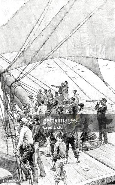 sailors on deck looking for whales - sailing crew stock illustrations